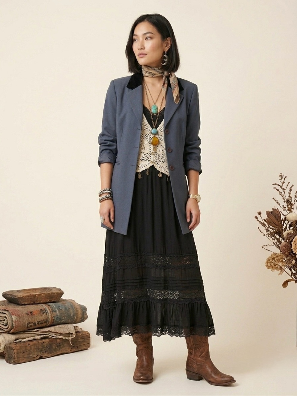 Vintage 90s Paradox Wool Longline Blazer Jacket Velvet Collar Slate Blue Size 8 - Picture 1 of 12